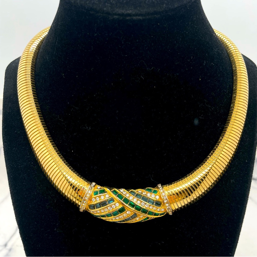 Vintage Christian Dior Gold Tone Choker Omega Necklace Clear & Green Rhinestones